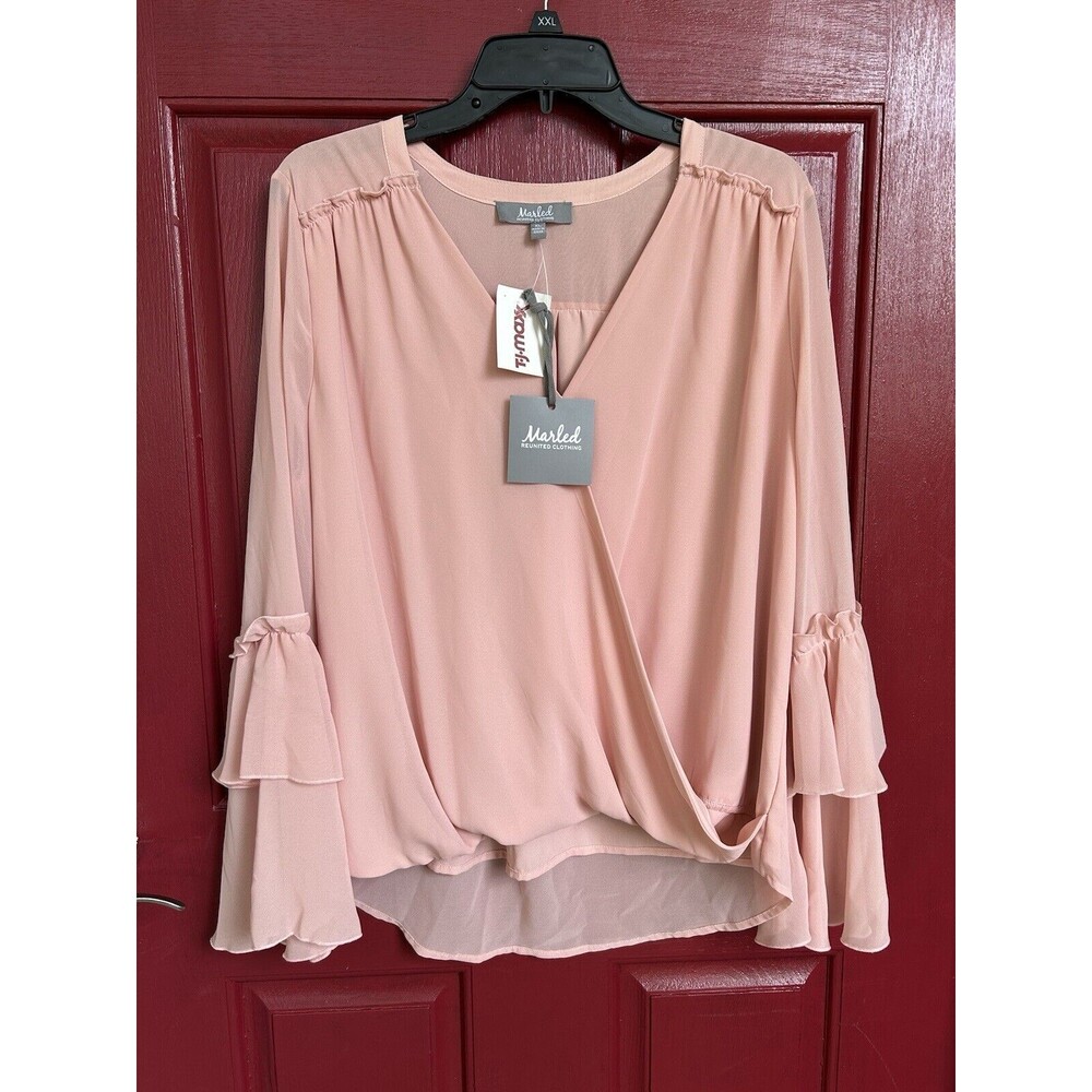 NWT Marled Blush Pink V-Neck Ruffled Sleeve Blouse